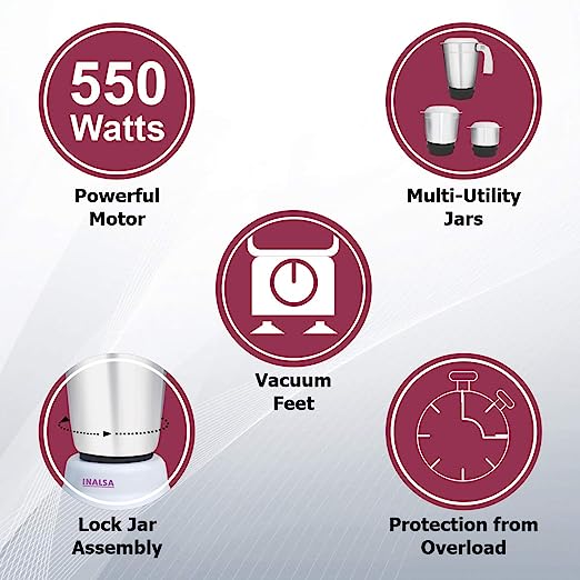 Inalsa Jazz 550-Watt Mixer Grinder with 3 Jars, (White/Purple) Inalsa Jazz 550-Watt Mixer Grinder with 3 Jars, (White/Purple)